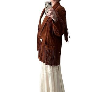 NWT VTG Leather Frontier Collection Western Boho Fringe Concho Brown 80’s Coat L